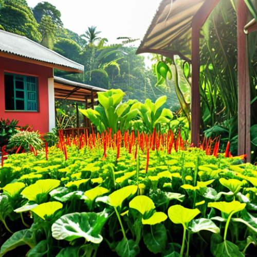 Home 4 **
A vibrant home garden in Malaysia with lush green sawi (mustard greens) and bright red chili plants thriving under the sunlight. Use natural pest control methods like a garlic spray bottle visible nearby.
**