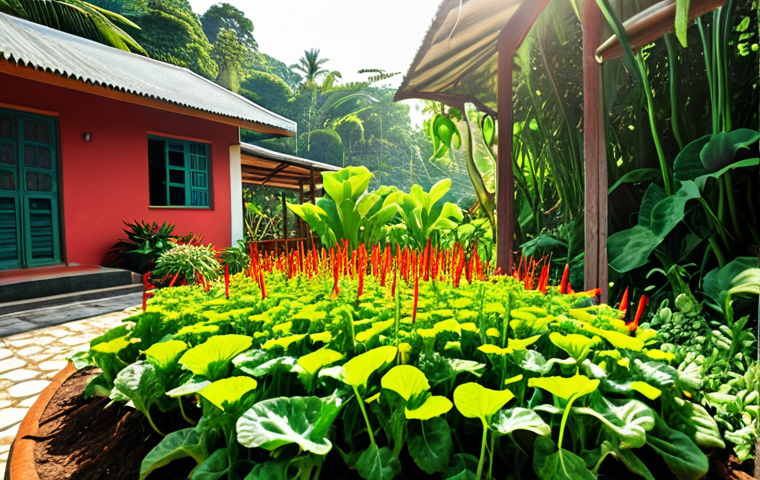 **
A vibrant home garden in Malaysia with lush green sawi (mustard greens) and bright red chili plants thriving under the sunlight. Use natural pest control methods like a garlic spray bottle visible nearby.
**