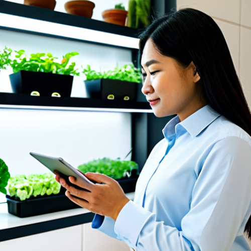 Home 6 A focused Malaysian adult, professionally dressed in modest business casual attire, standing calmly in a modern, well-lit apartment kitchen. They are gently tapping on a tablet, which displays real-time data from a compact smart farm system. In the background, the multi-tiered smart farm unit glows softly with LED grow lights, showcasing lush, vibrant green leafy vegetables and herbs. The kitchen is clean and contemporary, reflecting an efficient urban lifestyle. This image should feature high-resolution professional photography, perfect anatomy, correct proportions, a natural pose, well-formed hands, proper finger count, natural body proportions, crisp details, and vibrant colors with soft ambient lighting. safe for work, appropriate content, fully clothed, professional dress, family-friendly.