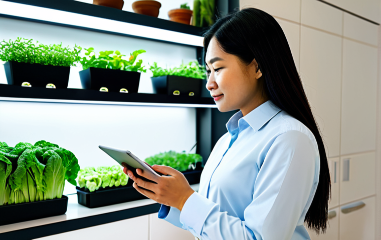 A focused Malaysian adult, professionally dressed in modest business casual attire, standing calmly in a modern, well-lit apartment kitchen. They are gently tapping on a tablet, which displays real-time data from a compact smart farm system. In the background, the multi-tiered smart farm unit glows softly with LED grow lights, showcasing lush, vibrant green leafy vegetables and herbs. The kitchen is clean and contemporary, reflecting an efficient urban lifestyle. This image should feature high-resolution professional photography, perfect anatomy, correct proportions, a natural pose, well-formed hands, proper finger count, natural body proportions, crisp details, and vibrant colors with soft ambient lighting. safe for work, appropriate content, fully clothed, professional dress, family-friendly.