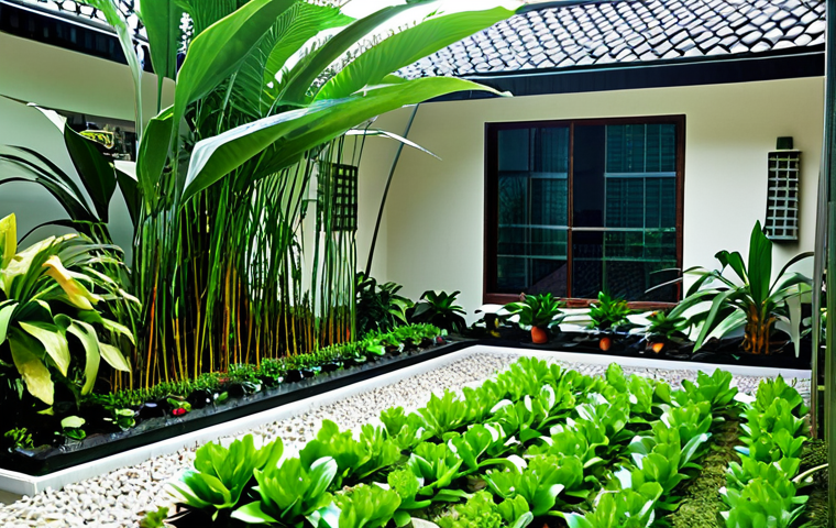 텃밭 자동 급수기 비교 - Modern Automated Home Garden**
"A lush, vibrant home garden in Malaysia, featuring a modern automat...