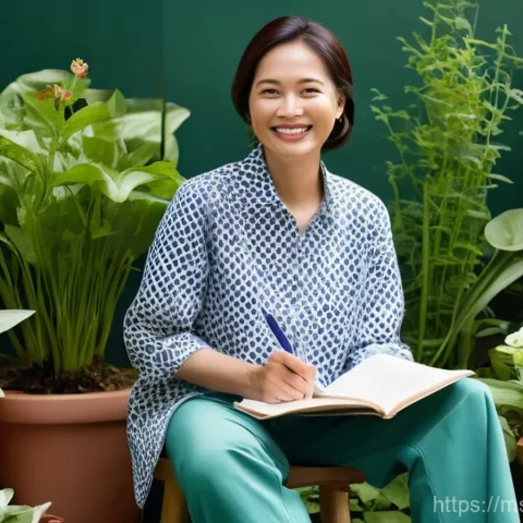 텃밭 농사 일기 작성법 - **Prompt:** A cheerful Malaysian woman in her late 30s, wearing a modest, comfortable gardening outf...