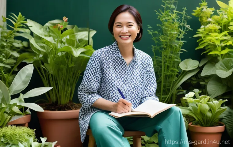 텃밭 농사 일기 작성법 - **Prompt:** A cheerful Malaysian woman in her late 30s, wearing a modest, comfortable gardening outf...