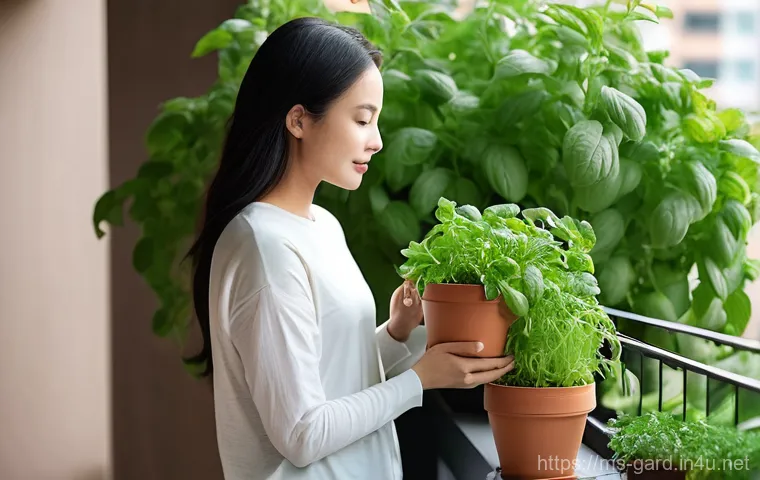텃밭에서 키우는 약초 종류 - **Prompt 1: Urban Herb Oasis on a Balcony**
"A serene and sun-drenched balcony of a modern Malay...